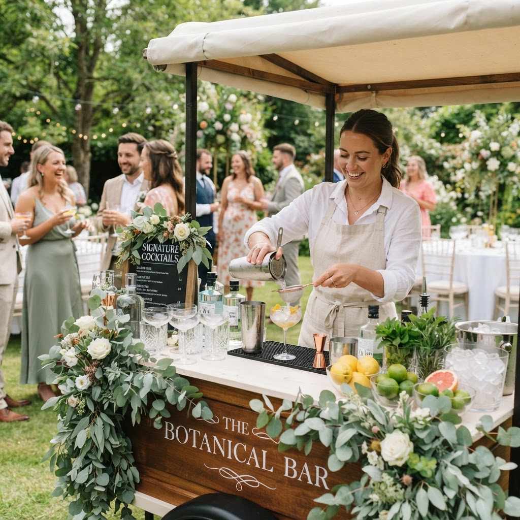 A professional bartender shaking a cocktail behind an elegant mobile event bar