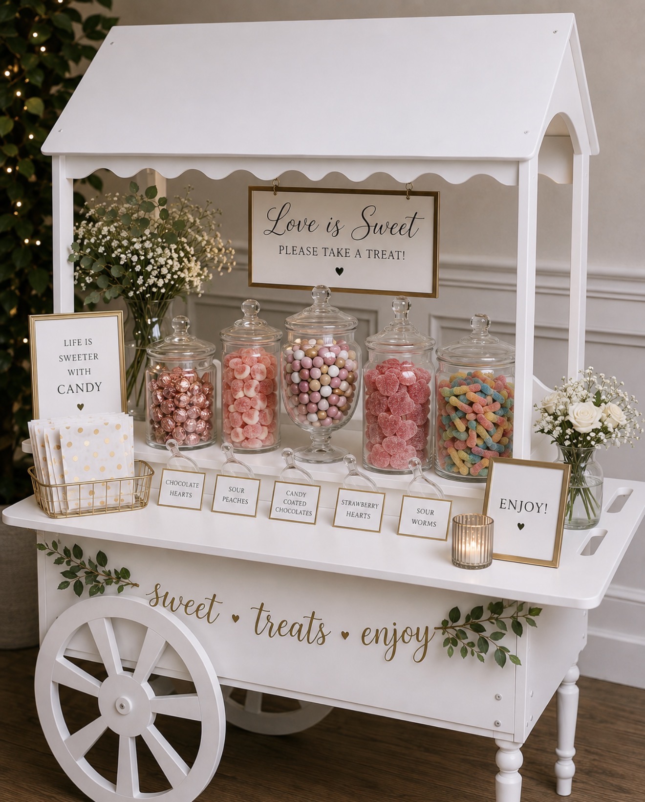 Our white vintage cart styled as a candy station with glass jars and florals