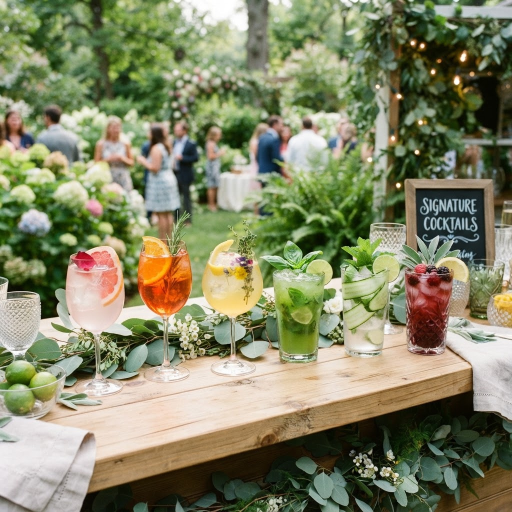 A row of colorful signature craft cocktails lined up on a bar top