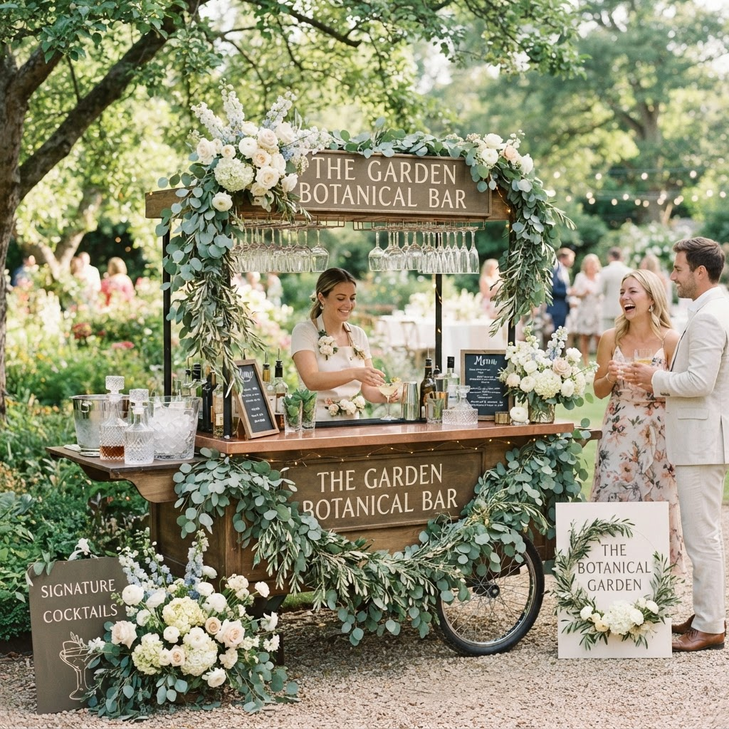 An elegant outdoor garden bar setup surrounded by greenery