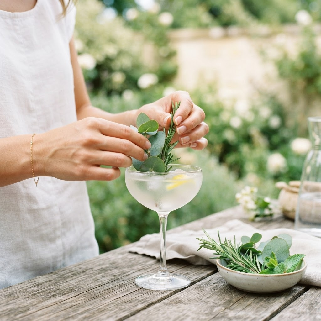 Hands garnishing a smoking cocktail with a torched rosemary sprig